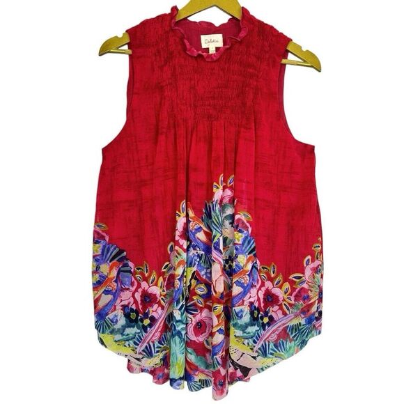 Y2K Anthropologie Floral Birds Flowy Mesh Tunic Smocked Top Size M Ruffle Artsy - Picture 1 of 11